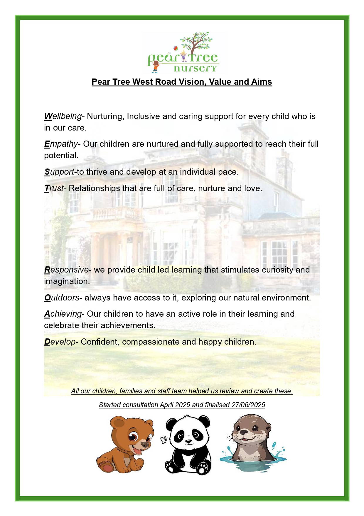vision value and aims (West Road)